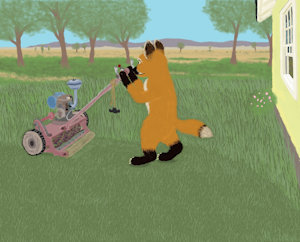 Fox Cub Mowing the Grass for Mom and Dad by moyomongoose